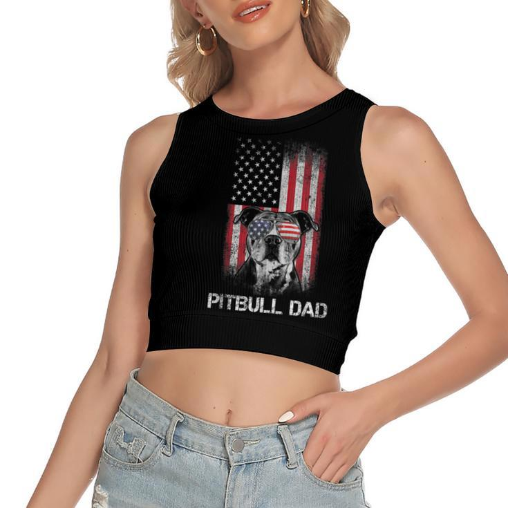 Pitbull American Flag 4Th Of July Pitbull Dad Mom Dog Lover  Women's Sleeveless Bow Backless Hollow Crop Top
