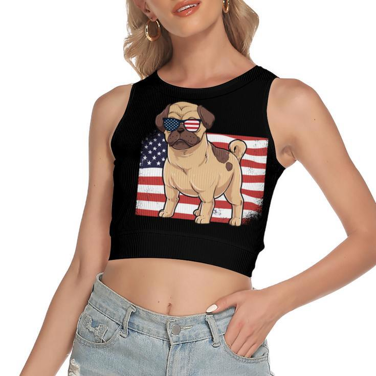 Pug Dad & Mom American Flag 4Th Of July Usa Funny Pug Lover   Women's Sleeveless Bow Backless Hollow Crop Top