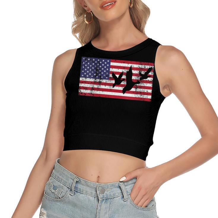 Womens 4Th Of July American Flag Hunting Hunter Geese Goose Dad Usa  Women's Sleeveless Bow Backless Hollow Crop Top