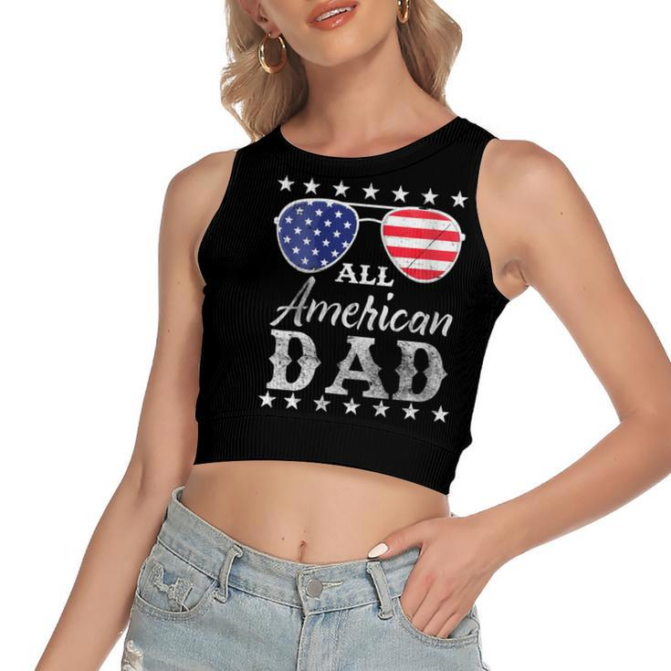 Womens All American Dad Fathers Men Patriotic 4Th Of July  Women's Sleeveless Bow Backless Hollow Crop Top