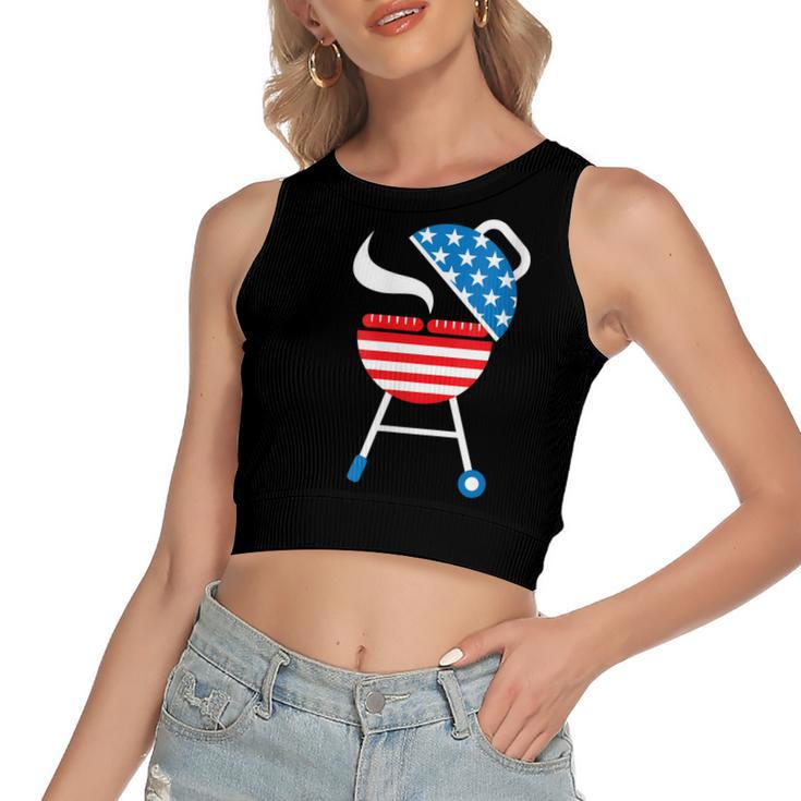 Womens America Barbeque 4Th Of July Usa Flag Merica Dad Gift  Women's Sleeveless Bow Backless Hollow Crop Top