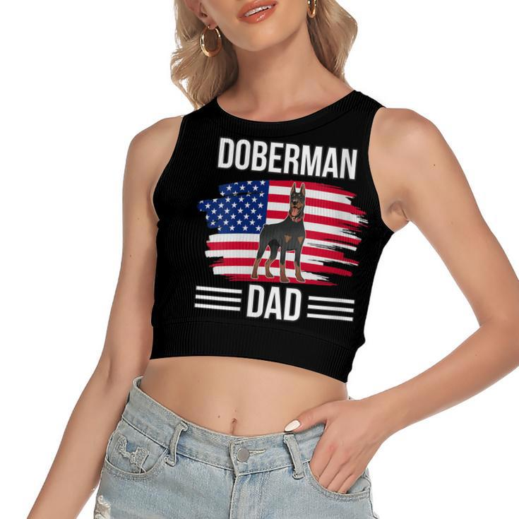 Womens Dog Owner Us Flag 4Th Of July Fathers Day Doberman Dad  Women's Sleeveless Bow Backless Hollow Crop Top