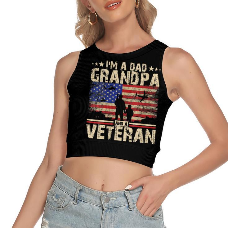 Womens Fathers Day | 4Th Of July | Im A Dad Grandpa And A Veteran  Women's Sleeveless Bow Backless Hollow Crop Top