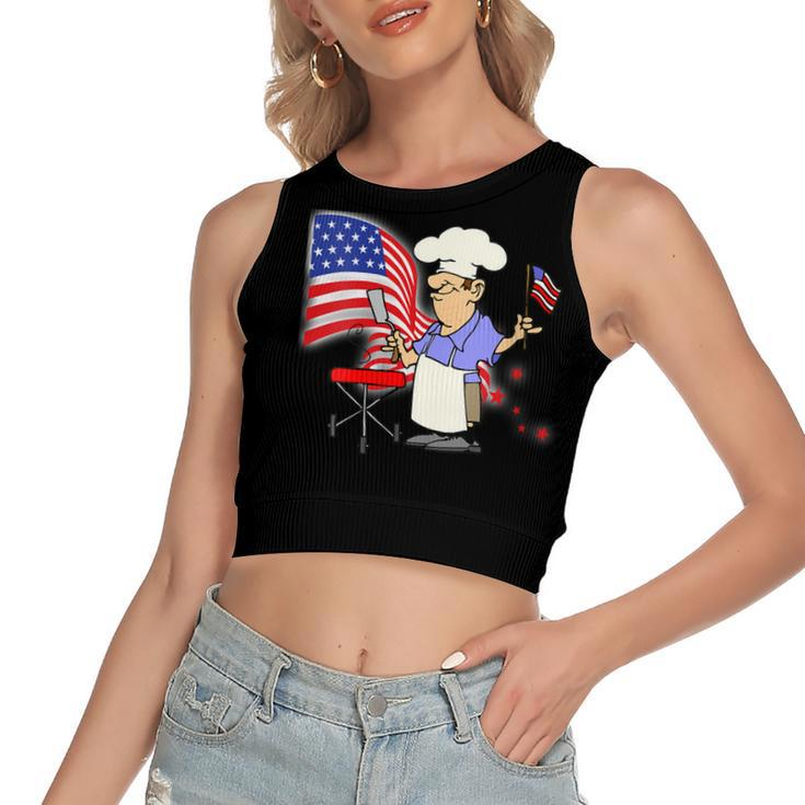 Womens Funny Patriotic All American Dad 4Th Of July Flag Bbq Men  Women's Sleeveless Bow Backless Hollow Crop Top