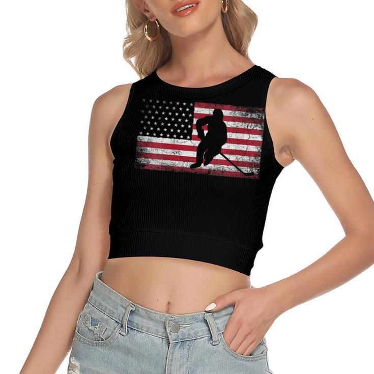 Womens Hockey American Flag 4Th Of July Patriotic Usa Dad Men Son  Women's Sleeveless Bow Backless Hollow Crop Top