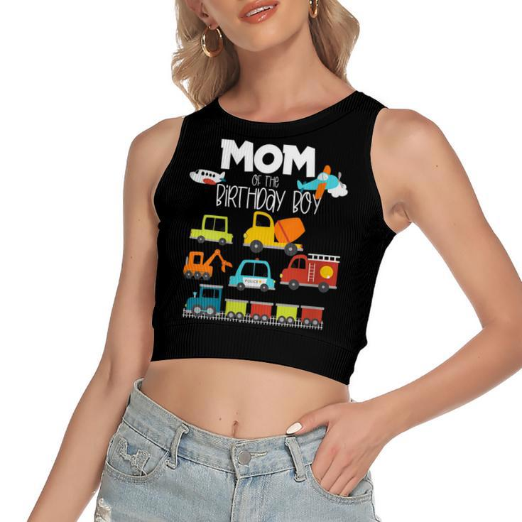 Womens Mom Of The Birthday Boy Family Matching Train Car Fire Truck  Women's Sleeveless Bow Backless Hollow Crop Top