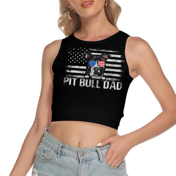 Womens Pit Bull Dad American Flag 4Th Of July Patriotic Gift  Women's Sleeveless Bow Backless Hollow Crop Top