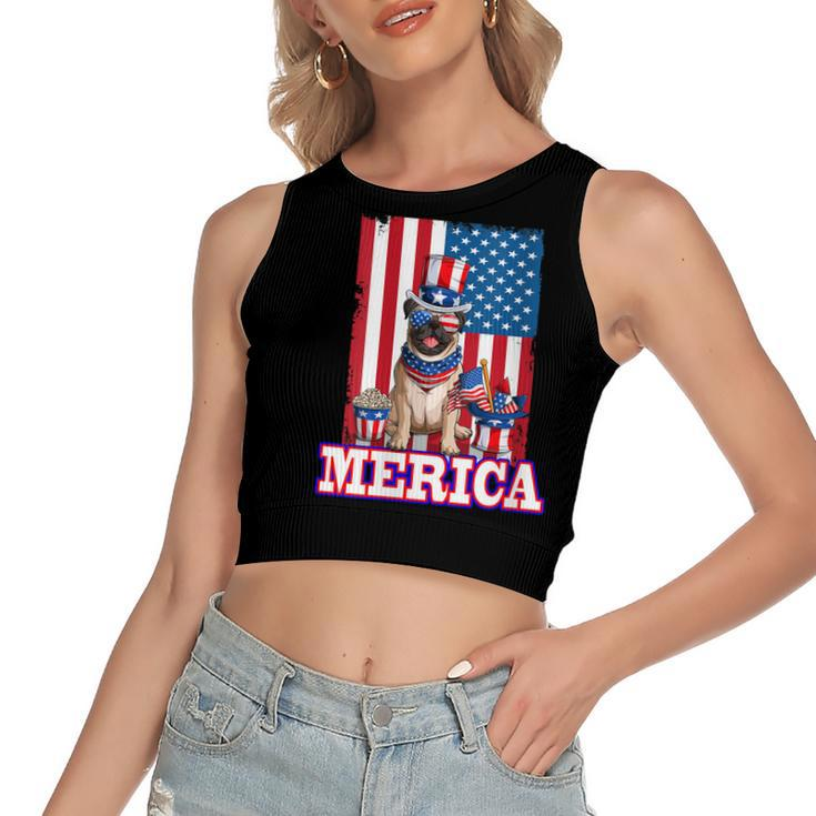 Womens Pug Dad Mom 4Th Of July American Flag Merica Dog  Women's Sleeveless Bow Backless Hollow Crop Top