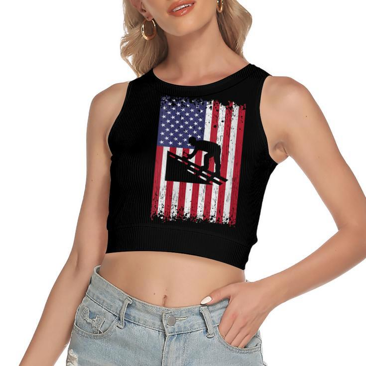 Womens Roofer Dad Usa Flag Patriotic 4Th Of July Gift  Women's Sleeveless Bow Backless Hollow Crop Top