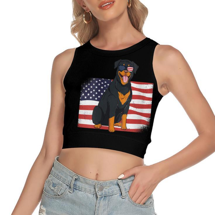 Womens Rottie Dad & Mom American Flag 4Th Of July Usa Rottweiler  Women's Sleeveless Bow Backless Hollow Crop Top