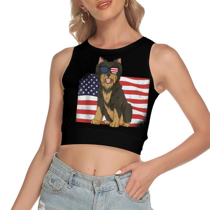 Yorkie Dad & Mom American Flag 4Th Of July Yorkshire Terrier  Women's Sleeveless Bow Backless Hollow Crop Top