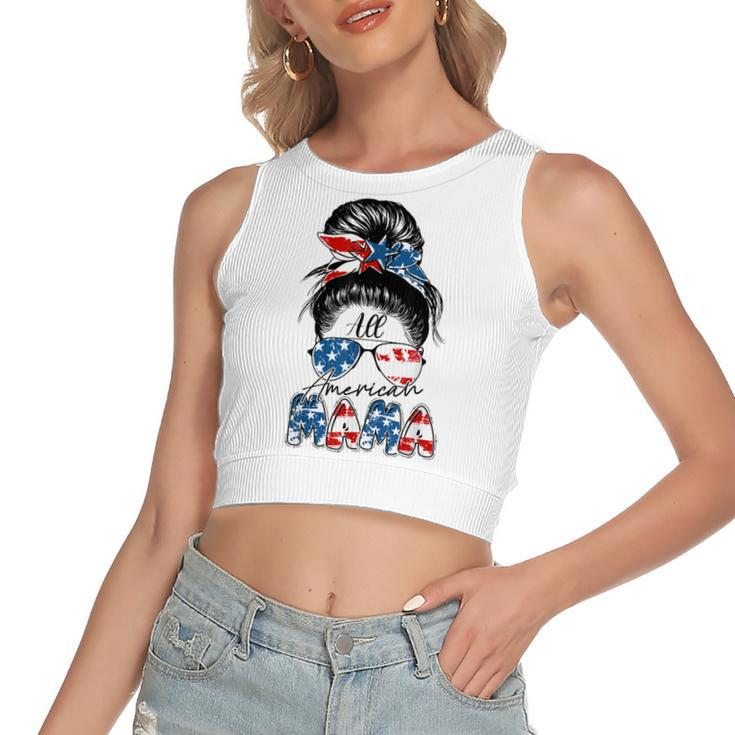 4Th Of July All American Mama Bleached  Messy Bun Funny  Women's Sleeveless Bow Backless Hollow Crop Top