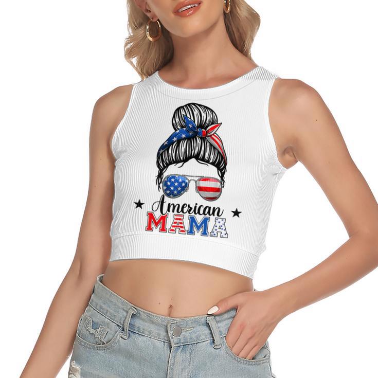 4Th Of July American Mama Messy Bun Mom Life Patriotic Mom  Women's Sleeveless Bow Backless Hollow Crop Top