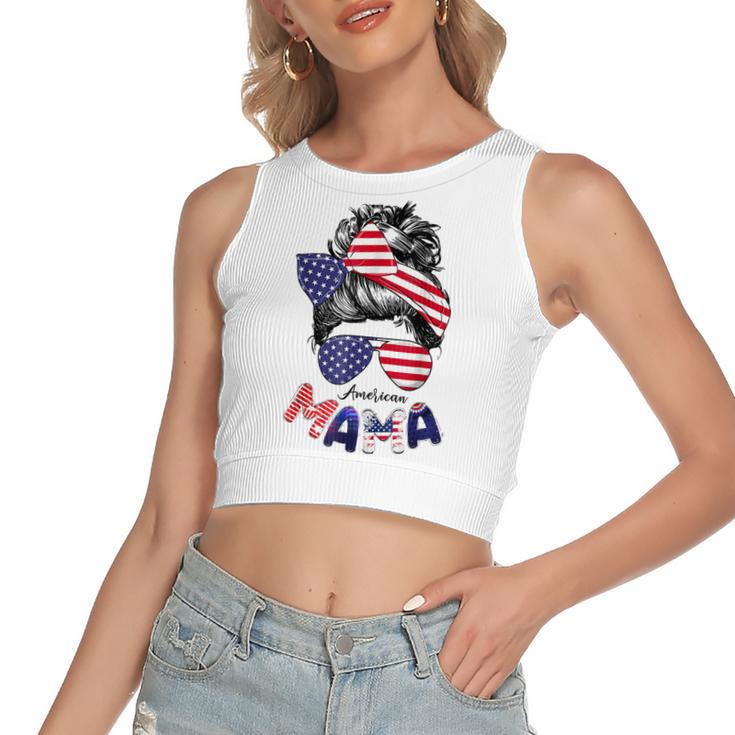 4Th Of July American Mama Messy Bun Mom Life Patriotic Mom  Women's Sleeveless Bow Backless Hollow Crop Top