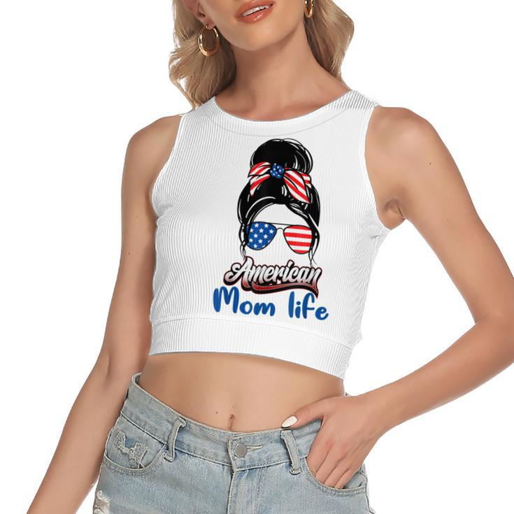 4Th Of July American Mom Life Messy Bun American Mom Life  Women's Sleeveless Bow Backless Hollow Crop Top