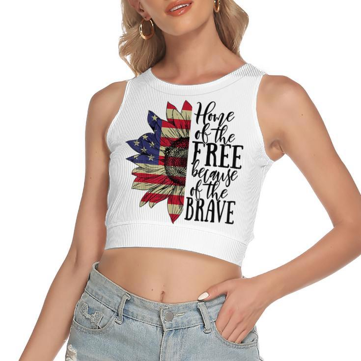 4Th Of July Sunflower Home Of The Free Because Of The Brave  Women's Sleeveless Bow Backless Hollow Crop Top