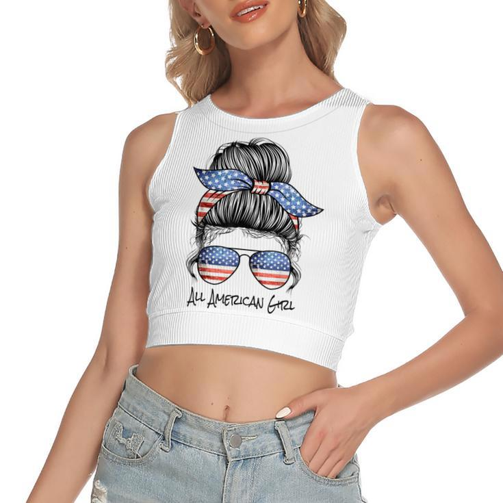 All American Girl Messy Bun American Flag 4Th Of July  Women's Sleeveless Bow Backless Hollow Crop Top