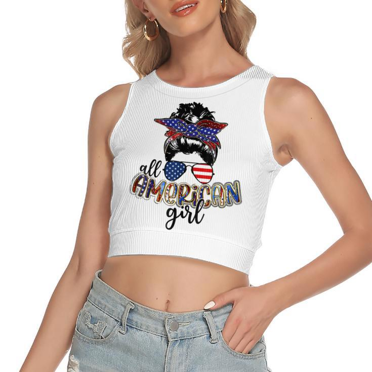 All American Girl Messy Bun Usa Flag Patriotic 4Th Of July  Women's Sleeveless Bow Backless Hollow Crop Top