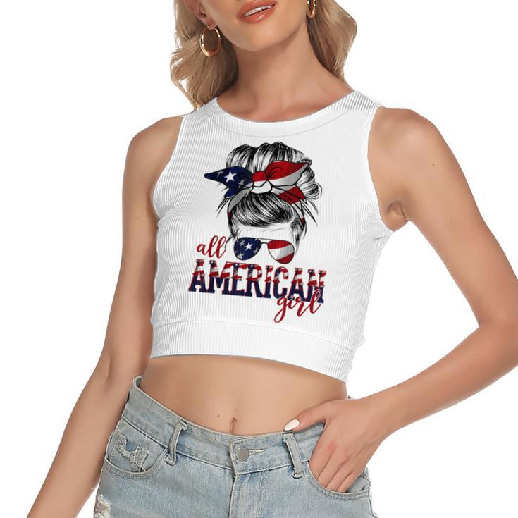 All American Girl Messy Hair Bun Woman Patriotic 4Th Of July  Women's Sleeveless Bow Backless Hollow Crop Top