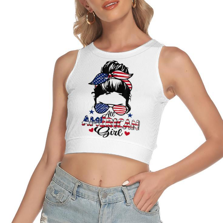 All American Girls 4Th Of July Messy Bun Patriotic  Women's Sleeveless Bow Backless Hollow Crop Top