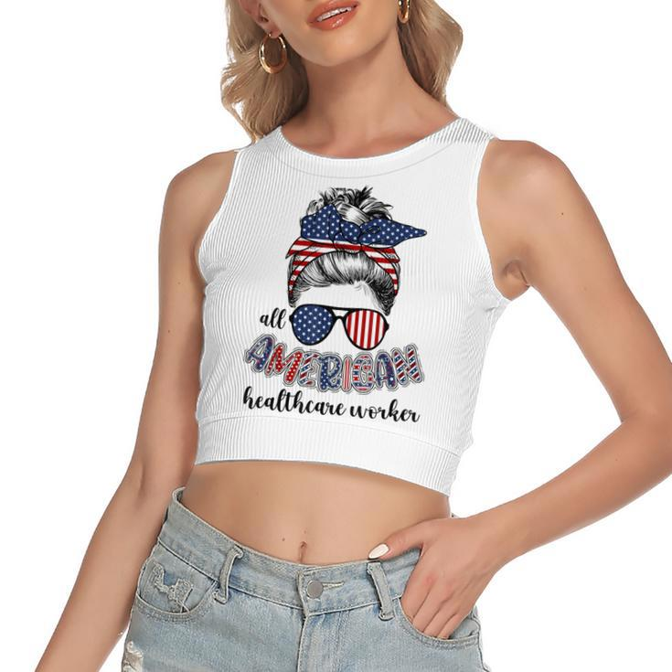 All American Healthcare Worker Nurse 4Th Of July Messy Bun  Women's Sleeveless Bow Backless Hollow Crop Top