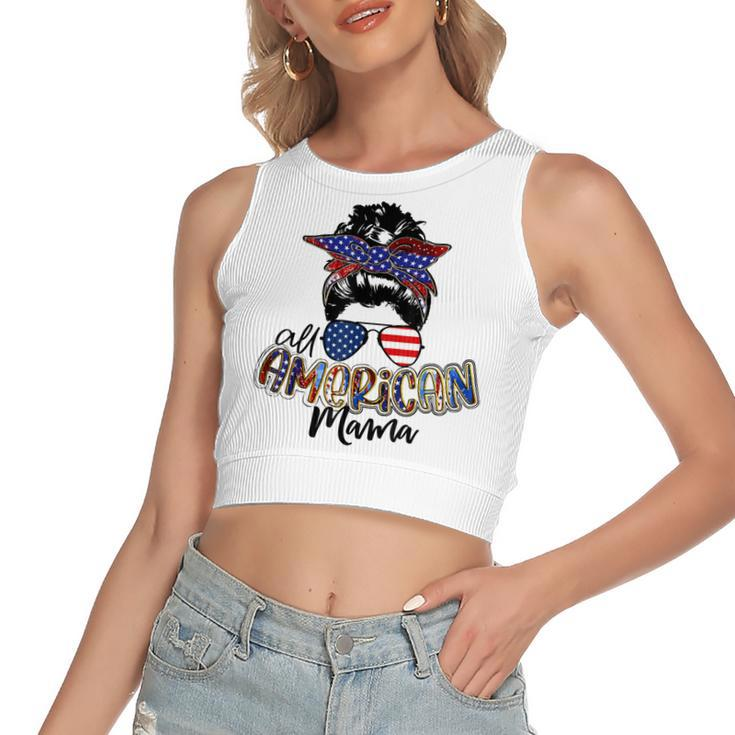 All American Mama Messy Bun Usa Flag Patriotic 4Th Of July  Women's Sleeveless Bow Backless Hollow Crop Top