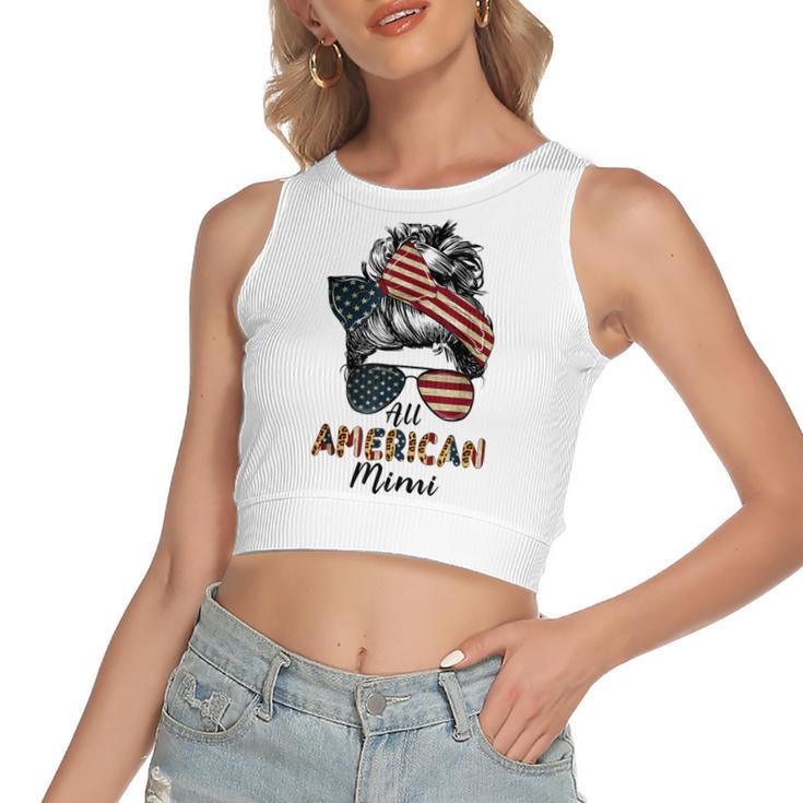 All American Mimi Messy Bun Matching Family 4Th Of July Mom  Women's Sleeveless Bow Backless Hollow Crop Top