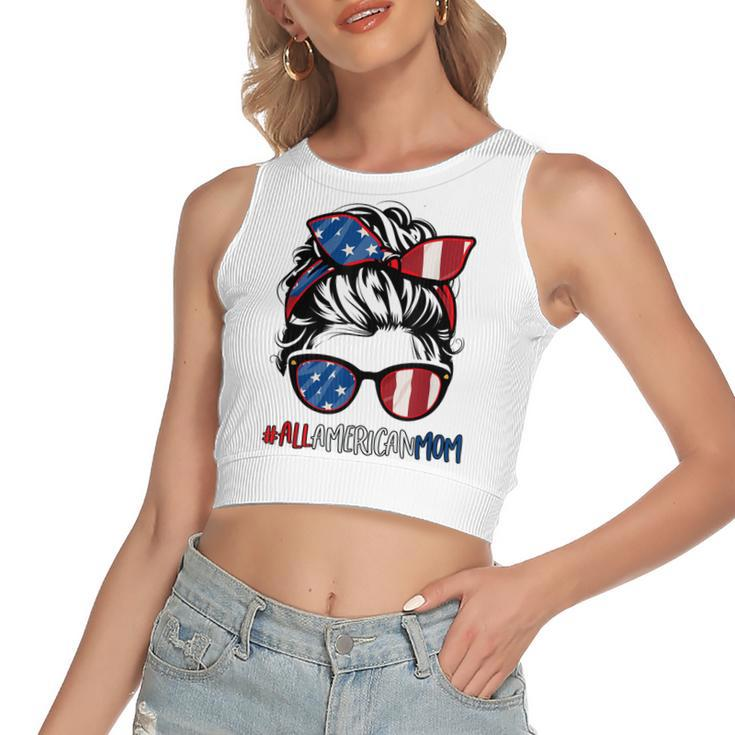All American Mom 4Th Of July  Women Messy Bun Usa Flag  Women's Sleeveless Bow Backless Hollow Crop Top