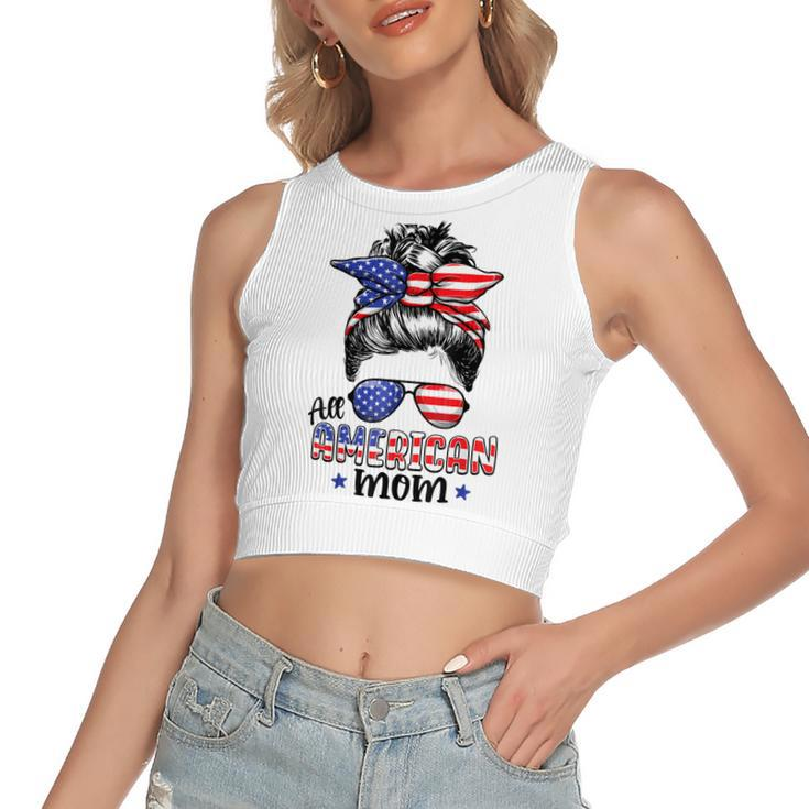 All American Mom Messy Bun Women 4Th Of July Patriotic Mom  Women's Sleeveless Bow Backless Hollow Crop Top