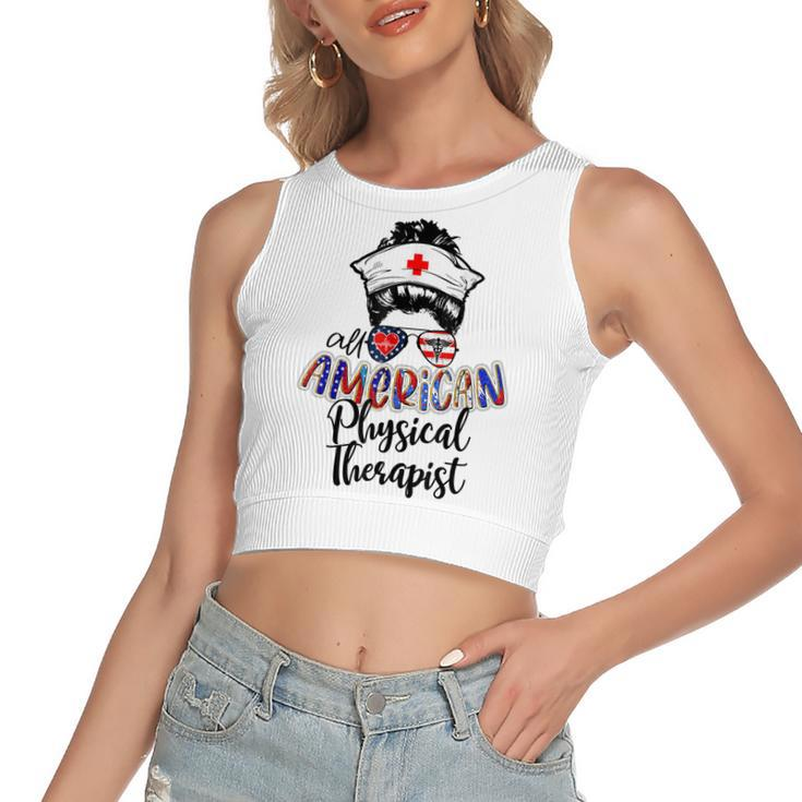 All American Nurse Messy Buns 4Th Of July Physical Therapist  Women's Sleeveless Bow Backless Hollow Crop Top
