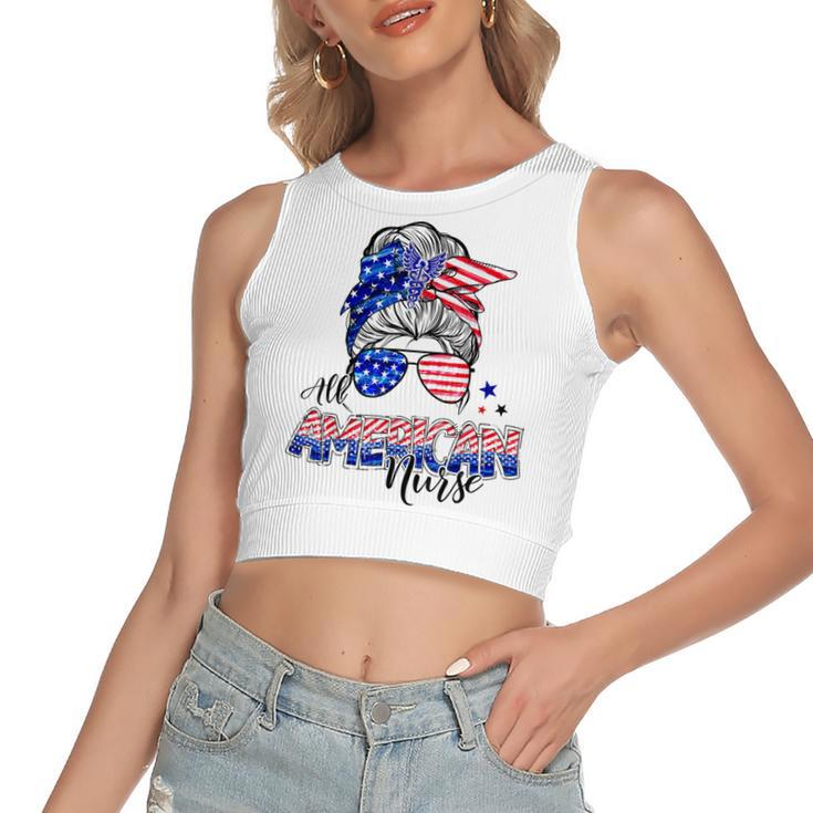 American Flag Patriotic Nurse Messy Bun 4Th Of July  Women's Sleeveless Bow Backless Hollow Crop Top