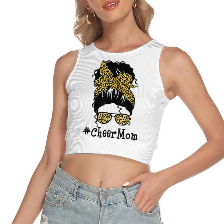 Cheer Mom Leopard Messy Bun Cheerleader Funny Mothers Day  V2 Women's Sleeveless Bow Backless Hollow Crop Top