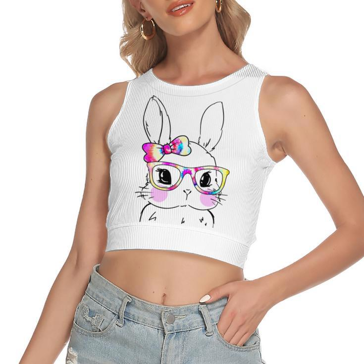 Cute Bunny Rabbit Face Tie Dye Glasses Girl Happy Easter Day Women's Sleeveless Bow Backless Hollow Crop Top