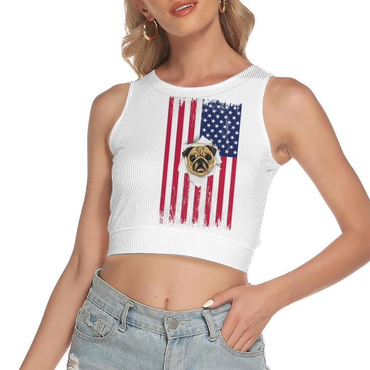 Cute Pug Face & American Flag – 4Th Of July Pug Dad Pug Mom   Women's Sleeveless Bow Backless Hollow Crop Top