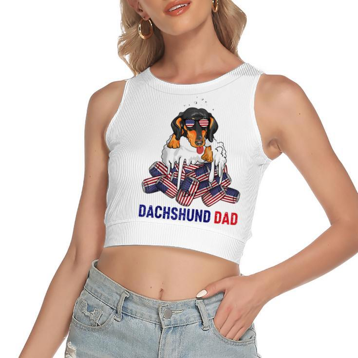 Dachshund Dad Beer Drinking 4Th Of July Us Flag Patriotic  Women's Sleeveless Bow Backless Hollow Crop Top