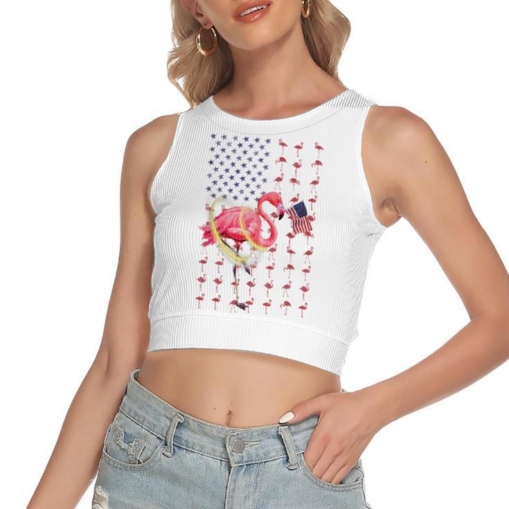 Flamingo American Usa Flag 4Th Of July Patriotic Funny  Women's Sleeveless Bow Backless Hollow Crop Top