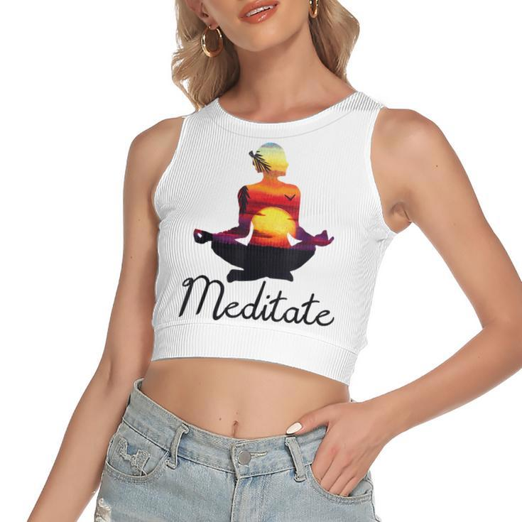 I Meditate T  Yoga Pose Tropical Sunrise Meditation V2 Women's Sleeveless Bow Backless Hollow Crop Top