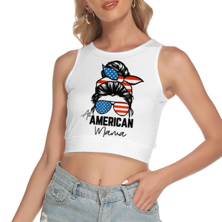 Messy Bun Patriotic  | All American Mama 4Th Of July  Women's Sleeveless Bow Backless Hollow Crop Top