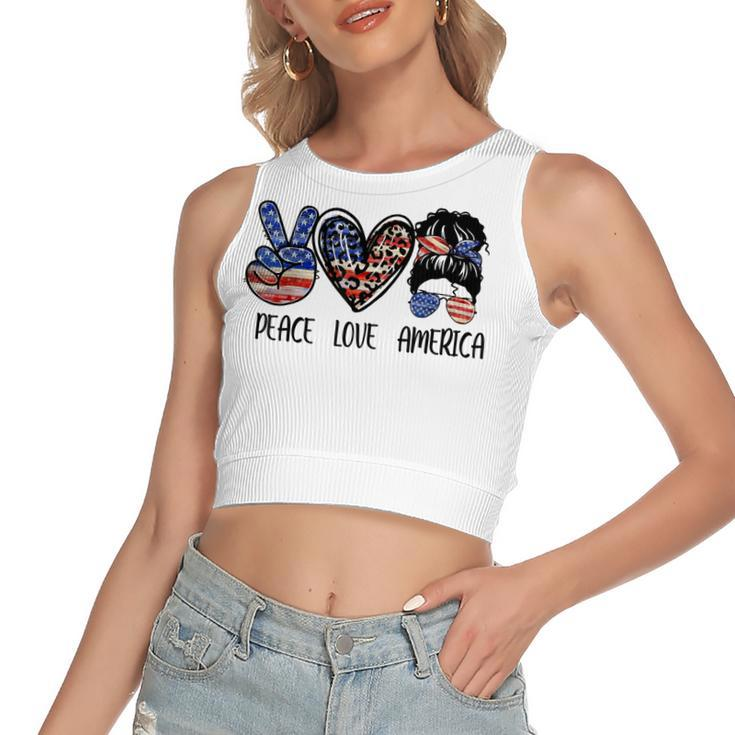 Peace Love America Messy Bun American Flag Funny 4Th Of July  Women's Sleeveless Bow Backless Hollow Crop Top