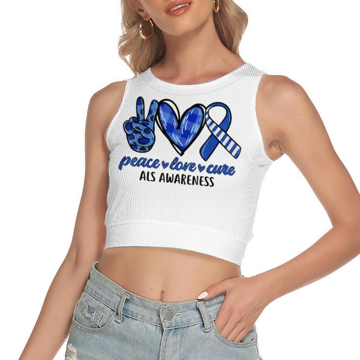 Peace Love Cure Blue & White Ribbon Als Awareness Month  V2 Women's Sleeveless Bow Backless Hollow Crop Top