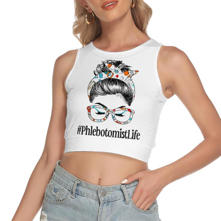 Phlebotomist Life Messy Hair Woman Bun Healthcare Worker  V2 Women's Sleeveless Bow Backless Hollow Crop Top