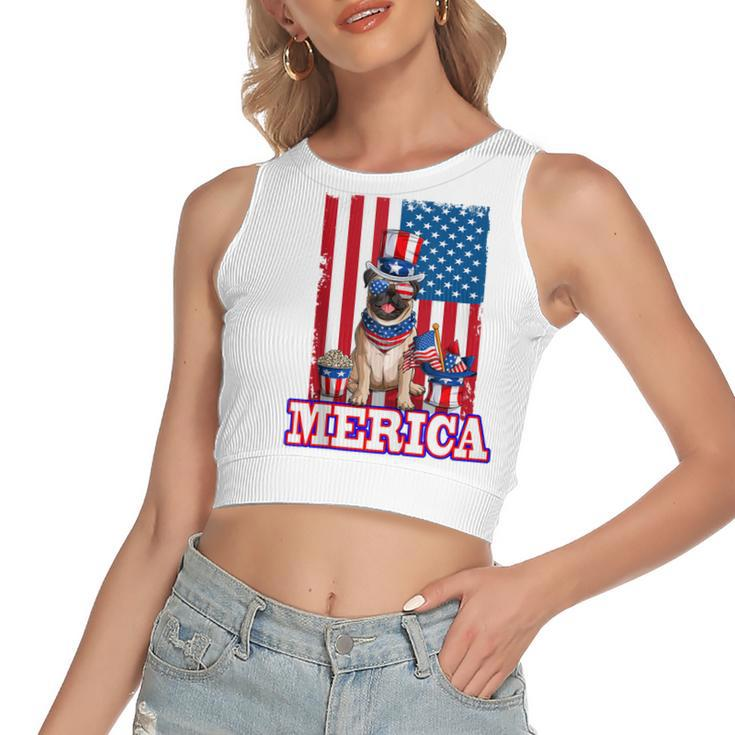 Pug Dad Mom 4Th Of July American Flag Merica Dog  Women's Sleeveless Bow Backless Hollow Crop Top