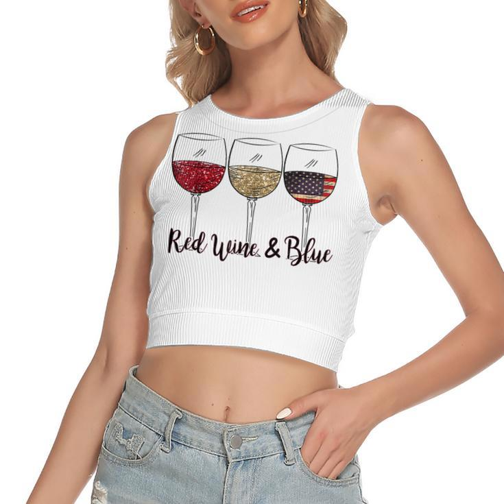 Red Wine & Blue 4Th Of July Wine Red White Blue Wine Glasses  V4 Women's Sleeveless Bow Backless Hollow Crop Top