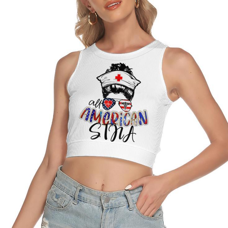 Stna All American Nurse Messy Buns Hair 4Th Of July Day Usa  Women's Sleeveless Bow Backless Hollow Crop Top