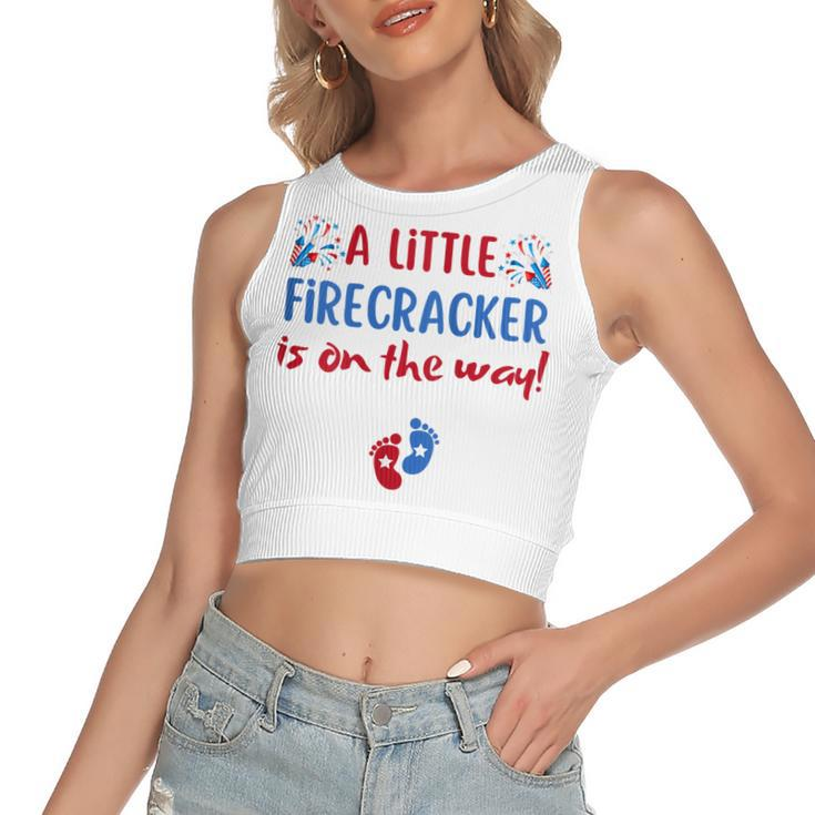 Womens 4Th Of July Pregnancy A Little Firecracker Is On The Way  Women's Sleeveless Bow Backless Hollow Crop Top