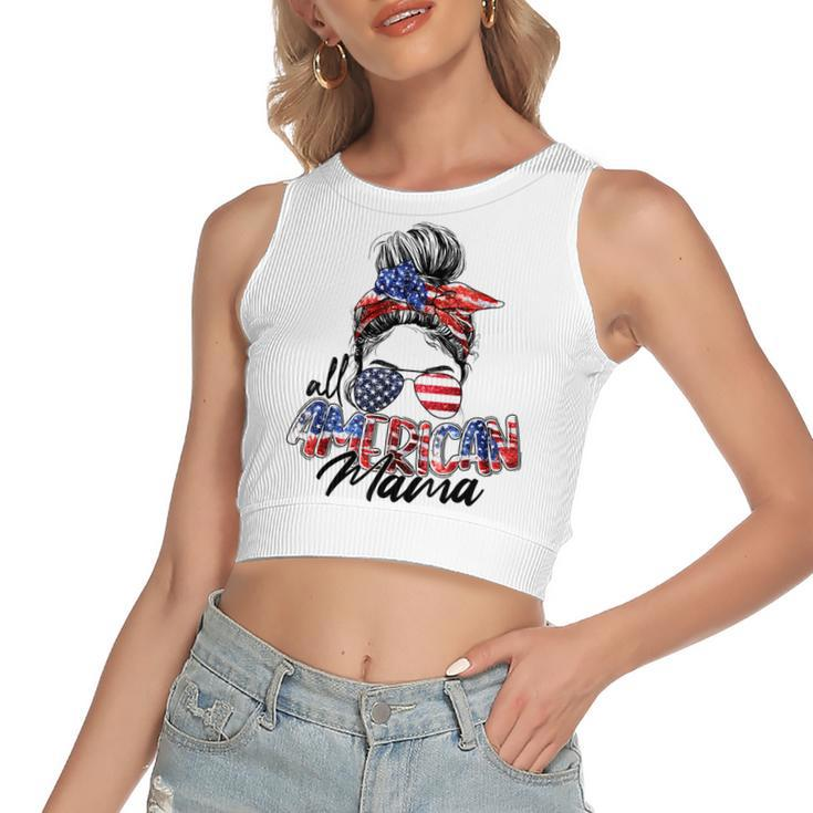 Womens All American Mama American Flag 4Th Of July Patriotic  Women's Sleeveless Bow Backless Hollow Crop Top