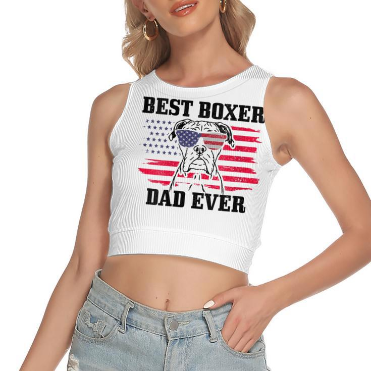 Womens Best Boxer Dad Ever Dog Patriotic 4Th Of July American Flag  Women's Sleeveless Bow Backless Hollow Crop Top