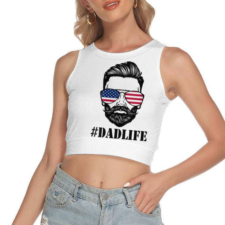 Womens Dad Life Sunglasses American Flag Fathers Day 4Th Of July  Women's Sleeveless Bow Backless Hollow Crop Top