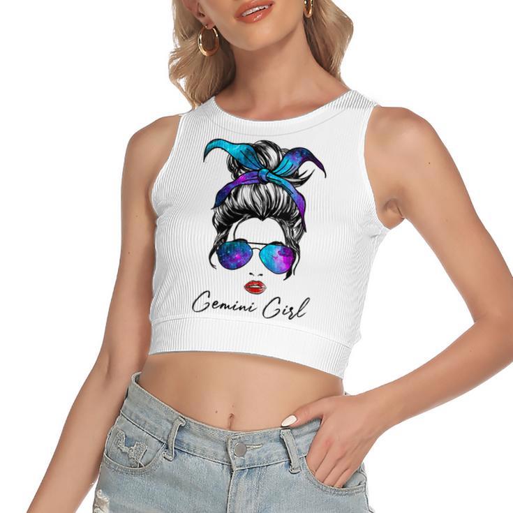 Womens Gemini Girl Zodiac Sign Horoscope Birthday Messy Bun Galaxy  Women's Sleeveless Bow Backless Hollow Crop Top