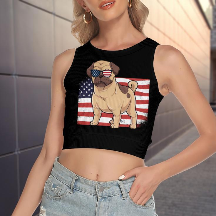 Pug Dad & Mom American Flag 4Th Of July Usa Funny Pug Lover Women's Sleeveless Bow Backless Hollow Crop Top